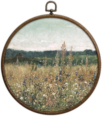 Wildflower Round Wall Art Decor, Floral Field Landscape Circular Wall Art, Vintage Round Boho Home Decoration, Circular Hanging Decor with Hooks for Living Room Bedroom Kitchen Office Decoration, 18 by Unknown