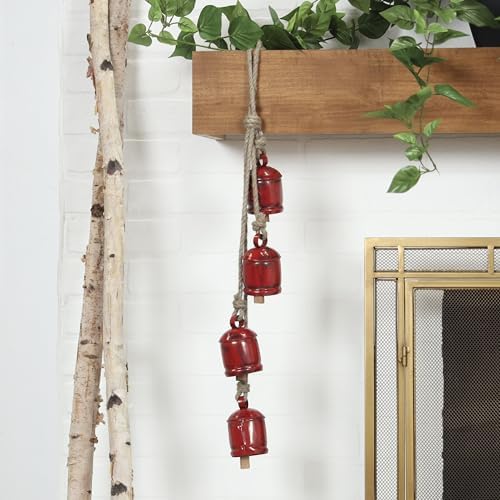 Deco 79 Metal Indoor Outdoor Decorative Cow Bells Tibetan Inspired Cascading Meditation Bell with 4 Bells on Jute Hanging Rope, Cow Bell 3" x 3" x 27", Red - Image 4
