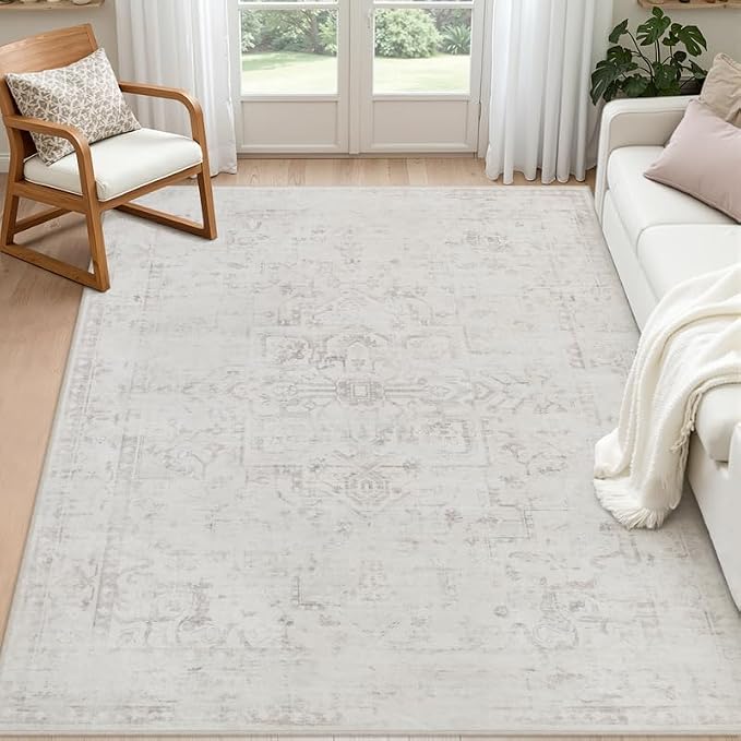 5x7 Area Rugs Living Room: Bedroom Washable Carpet Neutral Cream | Large by Luxturiy