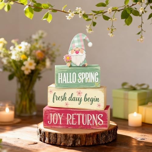 Spring Decoration Wooden Tiered Tray Decor – Rustic Hallo Spring Stacked Block Sign with Spring Gnome Topper – Farmhouse Tabletop Spring Decor for Living Room Shelf Kitchen Seasonal Home Display - Image 2