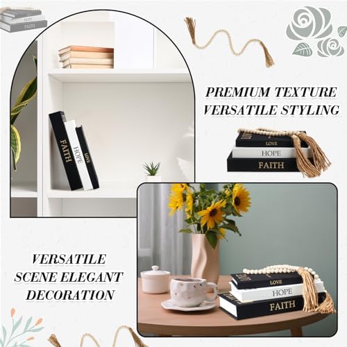 Faccito 3 Set Linen Decorative Books with Beaded Garland, Classic, Black - Image 5
