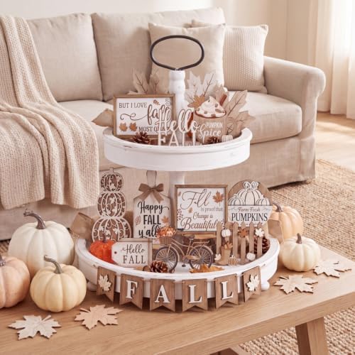 Shellwei 20 Pcs Fall Tiered Tray Decor Set, Neutral Autumn Pumpkin Sign - Image 6
