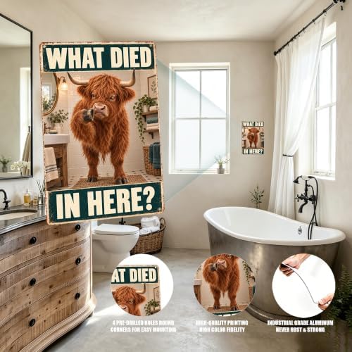 Funny Highland Cow Rustic Bathroom What Died In Here Sign - Image 6