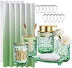 Green Bathroom Accessories Set with Shower Curtain and Liner, 7-Piece Bathroom Decor Set, Soap Dispenser, Toothbrush Holder, Soap Dish, Vanity Tray, Complete Bathroom Makeover Set by KINUUIS