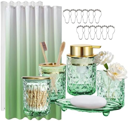Green Bathroom Accessories Set with Shower Curtain and Liner, 7-Piece Bathroom Decor Set, Soap Dispenser, Toothbrush Holder, Soap Dish, Vanity Tray, Complete Bathroom Makeover Set by KINUUIS
