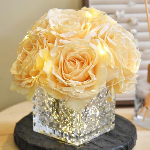 Silk Roses in Glass Vase with LED, Low Centerpiece for Table, Champagne by YSZL
