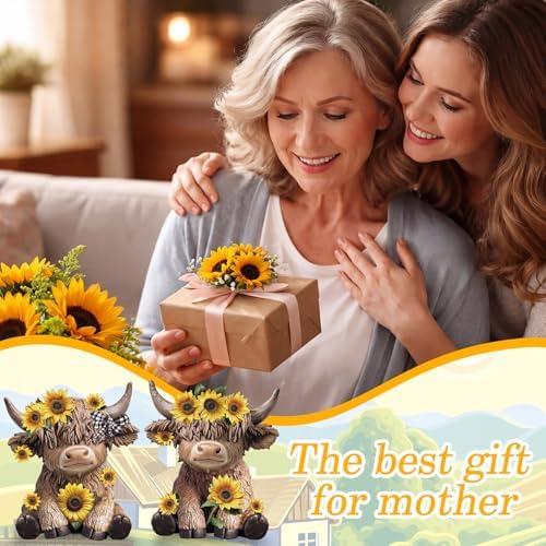 Wesiti 2 Pcs Highland Cow Figurines, Sunflower Resin Statue Desktop Decor - Image 5