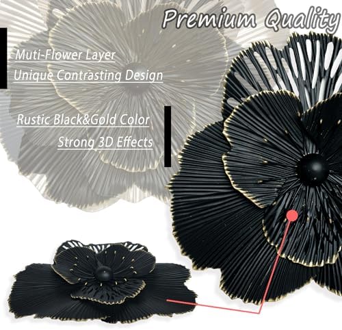 Metal Flower Wall Art Decor, 10'' Black Gold Layer Rustic Floral Sclupture - Image 2