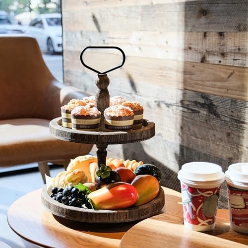 Mustry Rustic Wooden 2-Tier Tray Stand for Farmhouse Kitchen & Home Decor - Image 3