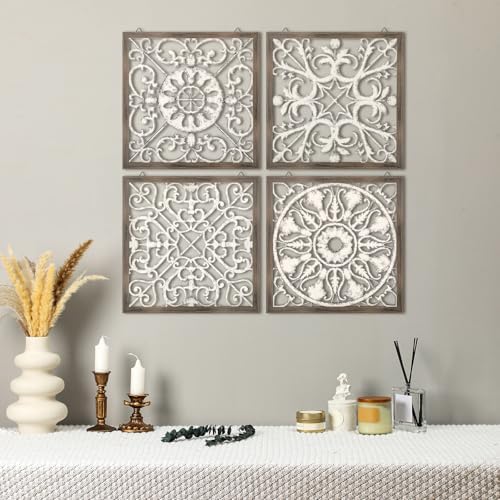 Tatuo 4 Pcs Wood Wall Decor Farmhouse Panels Rustic, Square, Brown, White by Tatuo