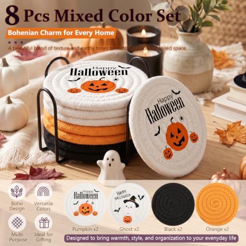 OIAHOMY 8 Pcs Halloween Coasters with Holder for Beer, Coffee, Woven Cotton Coaster Set for Table Decor for Kitchen, Bar, Dining Room, Living Room, Housewarming Gifts - Halloween Mixed Color - Image 4