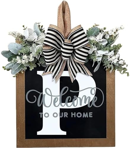 Last Name Front Porch Decor, Welcome Sign Door Wreath, Outdoor Decorations, 26 Letter Hanging Wreath, Spring Monogram for All Seasons (P) by ELEFOCUS