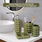 4 Piece Ceramic Bathroom Accessories Set –Soap Dispenser,Toothbrush Holder,Tumbler & Soap Dish,Includes Silicone Funnel,Non-Slip,Modern Farmhouse Countertop Organizer Set for Bathroom Decor, Green - Image 2