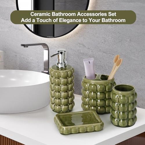 4 Piece Ceramic Bathroom Accessories Set –Soap Dispenser,Toothbrush Holder,Tumbler & Soap Dish,Includes Silicone Funnel,Non-Slip,Modern Farmhouse Countertop Organizer Set for Bathroom Decor, Green - Image 2