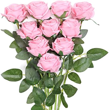 JUSTOYOU 10 PCS Artificial Roses Flowers for Valentine's Day, Realistic Blossom Roses, Real Touch Silk Rose, Single Fake Flower Long Stem Bouquets for Home Wedding Party Decoration (10Pcs, Pink) by JUSTOYOUARTIFICIALFLORAL