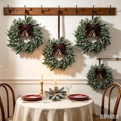 4 Pcs Small Christmas Hanging Wreaths Artificial Snow Flocked Cedar Wreaths with Brown Velvet Ribbon & Bronze Bells Mini Christmas Wreaths for Cabinet Porch Front Door Winter Xmas Holiday Decorations - Image 5