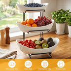 jessie 3 Tier Ceramic Fruit Basket for Kitchen Counter with Metal Stand, Fruit Bowls with Rack, Porcelain Bowls for Vegetable Bread Candy Snack Nuts Dessert Cake Tray - Image 5