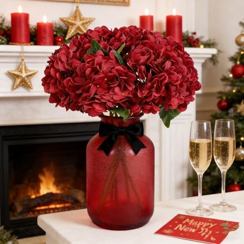 Kimura's Cabin 6Pcs Hydrangea Artificial Flowers Silk Hydrangeas,Dark Red - Image 5