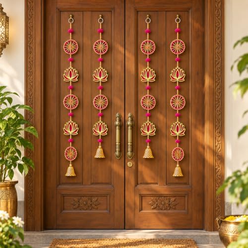 ZIG ZAG Pack of 4 Handmade Lotus Wall and Door Hangings with Bells, 36 Inches Long, 3.5-Inch Lotus Width, Pink and Gold Decorative Hangings for Home, Pooja, Wedding and Festivals - Image 4