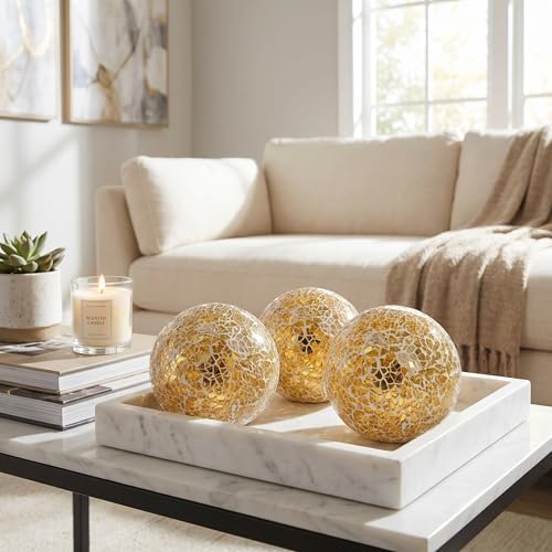 TOPZEA 3 Pack 4 Inch Gold Mosaic Glass Orbs, Decorative Balls Mosaic Spheres for Vase Fillers, Dinning & Coffee Table Centerpieces, Bowl Decor, Home & Christmas Decorations - Image 3