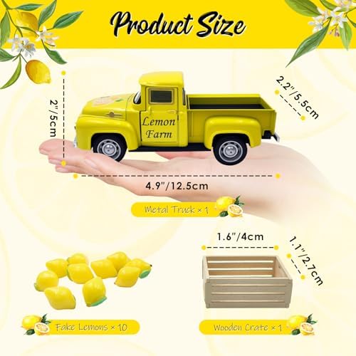 Lemon Decor Vintage Truck Decor Mini Lemons & Wooden Crate, Yellow - Image 2