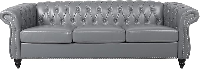 Mid-Century 3 Seater Sofa, Faux Leather Couch - Image 8