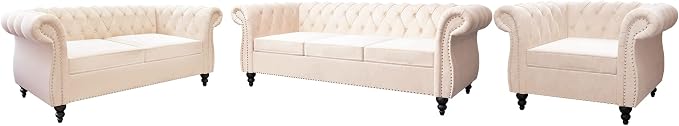 QHITTY 3 Piece Living Room Set, Sectional Chesterfield Sofa Chair Contemporary - Image 3