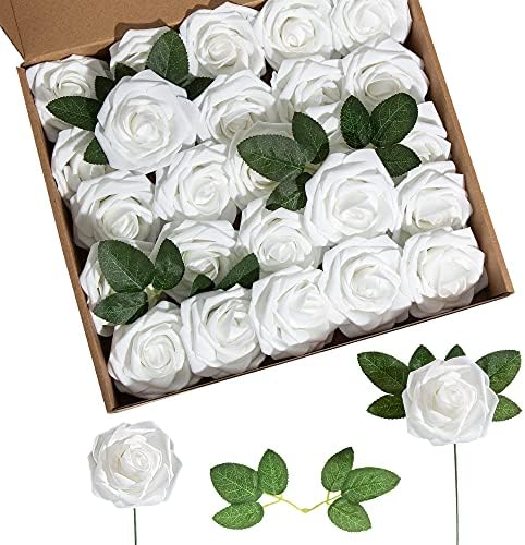 Artificial Flower Foam Rose 25pcs Real Looking Fake Rose with Stems Leaves for Home Decoration Party Garden Centerpieces DIY Wedding Bouquets（White） by Lansdowns