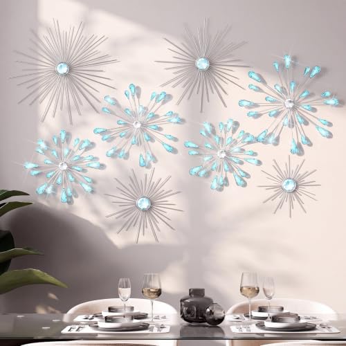 Blulu 8 Pcs Teal Blue Metal Wall Decor Cast Iron Starburst Wall Art Bling Crystal Sculptures Living Room 3D Teardrop Radial Rhinestone Hanging Diamond Accents for Home Office Bedroom Entryway by Blulu