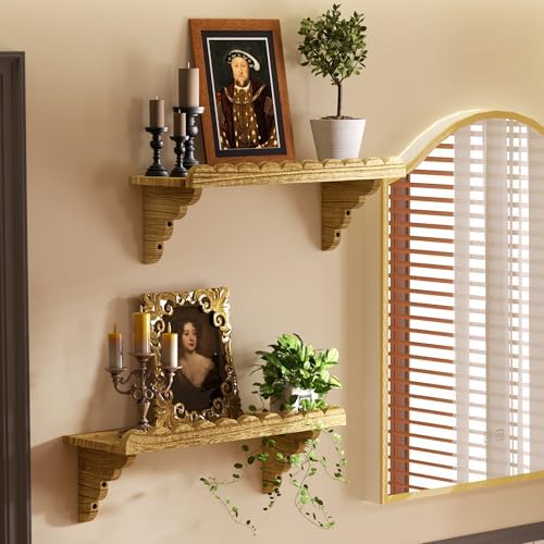 QsQueen Scalloped Wood Wall Shelf – 17 Inch Floating Shelf with Wood Brackets, Easy to Install Rustic Wall Shelf for Living Room, Bedroom, Bathroom, or Any Space - Light Brown - Image 2
