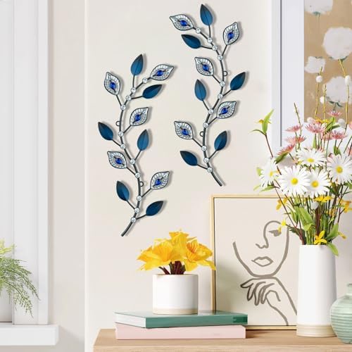 sxnzequnze 2 Set Metal Tree Leaf Wall Art for Home Decor Living Room Bedroom Dining Room Bling Rhinestone, 3D, Iron Branch Hanging Leaf Sculpture Art Pieces -Navy blue 16.5in*6.7in - Image 4