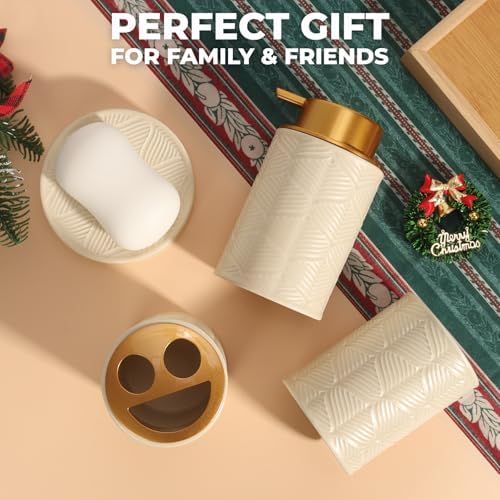 Kukikan Ceramic Bathroom Accessories Set, 4 Pcs-Includes Lotion Soap Dispenser, Toothbrush Holder, Vanity Tray, and Tumbler, Modern Bathroom Decor Organizer with Soap Dish, Apothecary Jar, Beige Color - Image 6