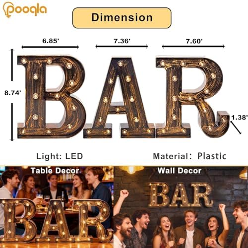 Pooqla BAR Sign for Home Bar Decor, Vintage LED Light Up Bar Sign - Image 4