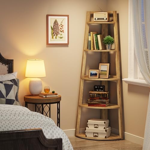 Tribesigns 70 inch Tall Corner Shelf, 5 Tier Modern Corner Bookshelf Bookcase Industrial Corner Ladder Shelf Plant Stand for Living Room, Kitchen, Home Office (Light Brown) - Image 4