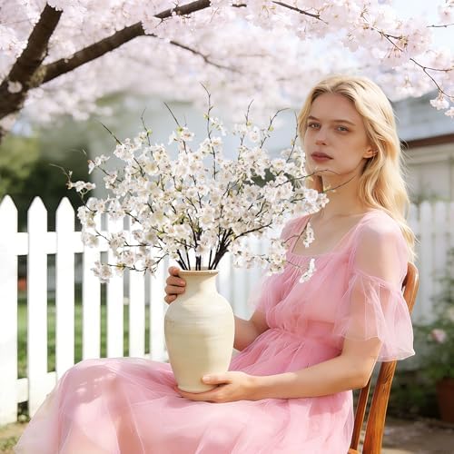 Artificial Cherry Blossom Branches 27.6In Silk Cherry Blossom Branches Long Stem Artificial Flowers for Tall Vase, for Home Decor, Spring Decor,Weddings Decor, Party&Festival Gifts 12PCS,White - Image 3