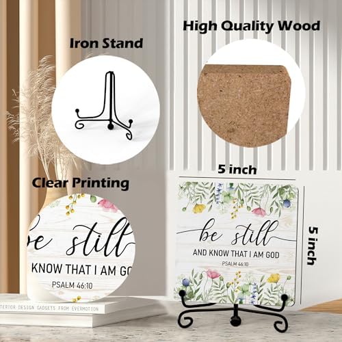 Inspirational Christian Desk Decor, Be Still And Know That I Am God Wildflower Sign, Desk Decorations For Office Home Living Room Bathroom, Eucalyptus Shelf Decor, Wooden Plaque With Stand (08) - Image 2
