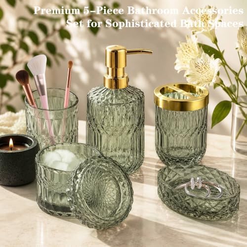Green Bathroom Accessories Set, 5Pcs Clear Glass Green Accessories with Lotion Soap Dispenser, Soap Dish, Toothbrush Holder, Tumbler, Cotton Swab Jar, Modern Bathroom Decor Crystal Vintage Gift - Image 5