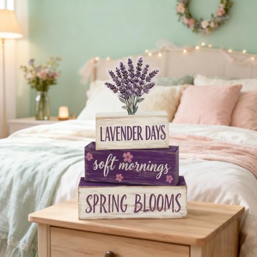 Spring Decoration Wooden Tiered Tray Decor – Rustic Lavender Days Stacked Block Sign with Lavender Flower Topper – Farmhouse Tabletop Spring Decor for Living Room Shelf Kitchen Coffee Bar Seasonal Home Display - Image 3