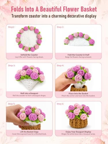 Crochet Flower Bouquet Coasters, Cotton Rose Gifts for Home Decor 2Pcs - Image 3