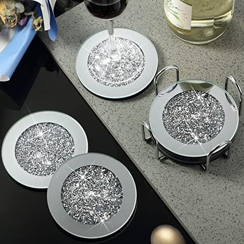 Jetec 6 Pcs Mirrored Glass Coasters with Holder, Bling, Silver, 4 Inch - Image 6