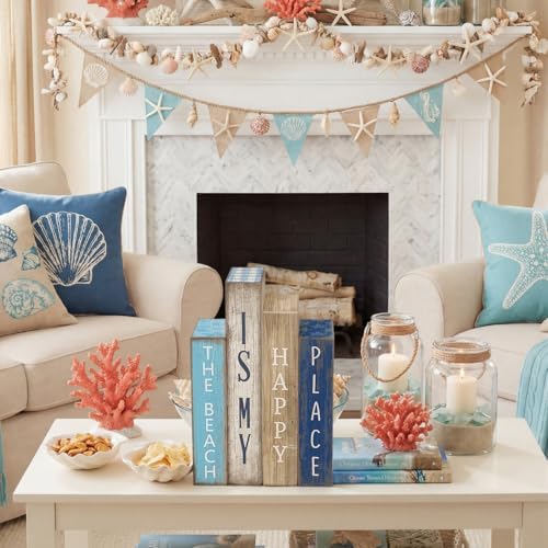 Lineshading 4 Pcs Summer Table Decoration Wooden Book Coastal Beach Sign - Image 4