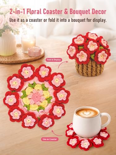 Crochet Flower Bouquet Coasters, Peach Blossom Gift for Home Decor 1Pc - Image 6