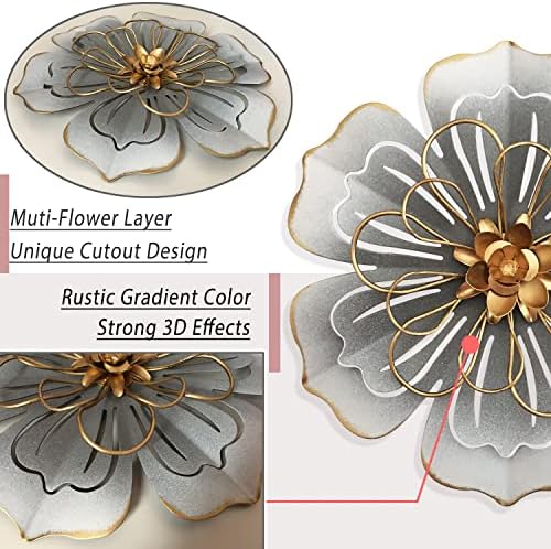 Metal Flower Wall Art Decor, 8.3" Rustic Modern Floral Sculpture, Distressed Iron Wall Hanging Home Decoration Accent Artworks for Indoor Kitchen Bedroom Living Room Office Outdoor Garden Patio - 06 - Image 2