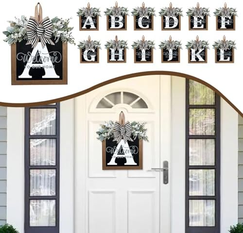 Ultra Large 14'' Last Name All Year Round Front Door Wreath with 26 Initial Letter Welcome Sign All Seasons Eucalyptus Garland and Bow Wreaths for Front Door Porch Farmhouse Decoration (A) - Image 5