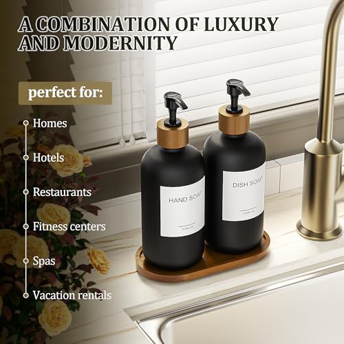 MASADI Black Soap Dispenser Set with Tray, Dish and Hand soap Lotion Dispenser Set with Wooden Pump for Kitchen and Bathroom Decor for Counter, Modern Vintage Liquid Soap Dispensers - Image 4