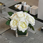 Artificial Peony Silk Flower Centerpieces Faux Floral Arrangement in Glass Vase for Home Wedding Table Decoration (Cream) - Image 4