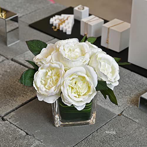 Artificial Peony Silk Flower Centerpieces Faux Floral Arrangement in Glass Vase for Home Wedding Table Decoration (Cream) - Image 4