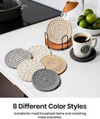 Effectyou 8 Pcs Drink Coasters with Holder, 8 Colors Absorbent Coasters for Drinks Minimalist Cup Coasters Cotton Coaster Set Woven Coasters for Coffee Table Home Decor Bar Housewarming Gift, 4.3 Inch - Image 5