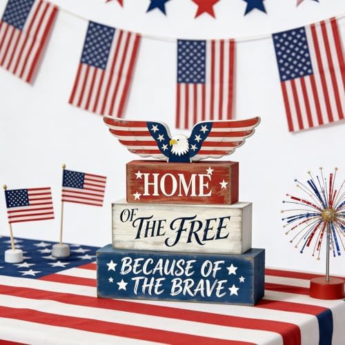 4th of July Table Decorations Patriotic Memorial Day Tiered Tray Decor Wooden Eagle Block Signs Independence Farmhouse 250th July Fouth Centerpiece for Tables Wooden Sign for Home Decor - Image 2