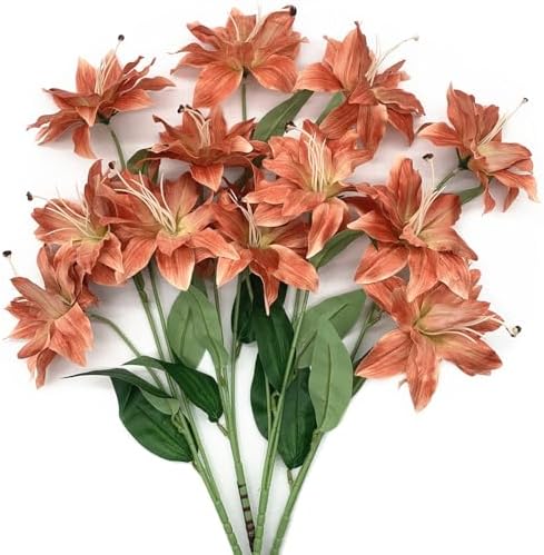 Artificial Lily Flowers, Vintage Fake Silk Flower Long Stems Stargazer Lilies Real Touch Faux Plants Stem Tiger Bouquets for Home Decor Indoor Outdoor Wedding Party Floral DIY Decorations Brown 4 Pack by CATTREE